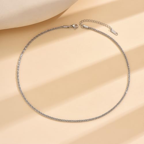 NONAMOIS Gold Chain Necklace for Women Dainty 18K Gold Plated Thin Satellite Beaded Turquoise Necklace Simple Layered Boho Jewelry Christmas Gifts - color: Shiny Rope-White Gold