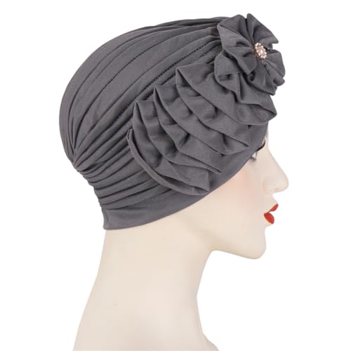 Flower Turban Hats for Women - Ruffle Bead Stretch Solid Caps Chemo Cancer Pre Tied Headscarf Headwear - color: Gray