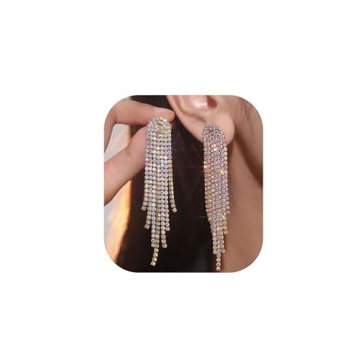 Rhinestone Tassel Earrings Sparkly Long Fringe Crystal Chandelier Dangle Drop Earrings Wedding Party Prom Earrings Premium Iridescent Earrings Wedding Party Jewelry Gifts for Women - color: Gold1