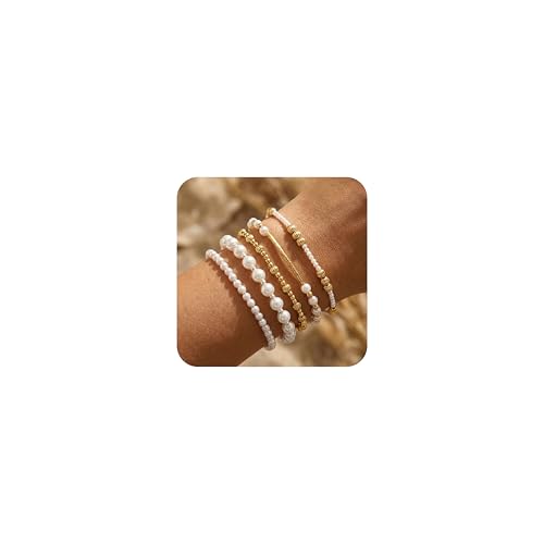 14K Gold Plated Beaded Bracelets Stack Set for Women,Stretch Boho Colorful Beads Ball Jewelry Friendship Summer Trendy - color: Gold silver pearl