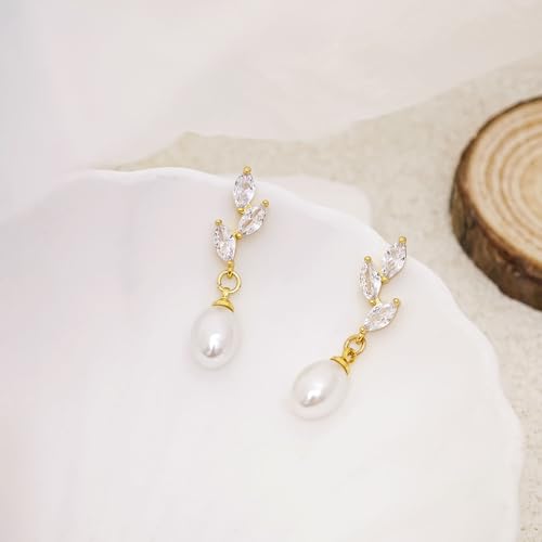 Pearl Earrings for Women, 14k Pearl Drop Dangle Earrings Gold Earrings for Women Trendy Cute Prom Bridal Earring Flower Long Earring Wedding Jewelry - color: style-5