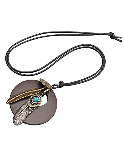 Leather Necklace for Women Long Boho Necklace Bohemian Choker Vintage Necklace Braided Boho Jewelry with Adjustable Brown Leather Cord - color: Feather Wood Necklace