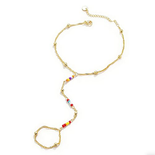 Hand Chain Bracelets for Women - 14K Real Gold Plated Dainty Stackable Paperclip Link Bracelets Hand Chain Bracelet Ring Gold Bracelets for Women Trendy - color: Colorful Singapore Baed Hand Chain