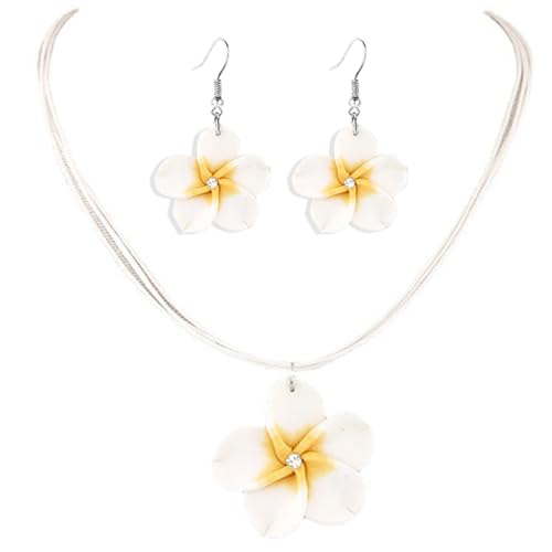 Dreuyet Colorful Plumeria Rubra Necklace Earrings Set for Women Elegant Hawaiian Style Flower Necklaces Bohemia Tropical Flower Dangle Earrings Luau Beach Party Accessories - color: white