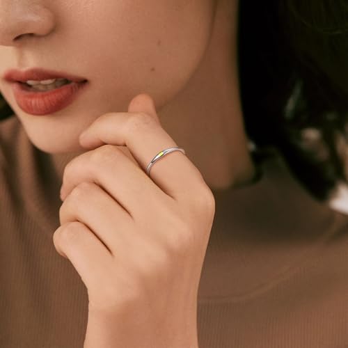 925 Sterling Silver Heart Ring for Women, 1mm Ultra Thin 14K Plated Gold Hypoallergenic Wedding Band with Black/Yellow/Red/Blue/Pink Love, Promise Stack Travel Jewelry Gifts Size 5-10 - color: E-Silver-Yellow