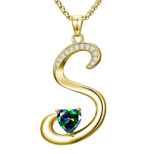 Birthday Gifts for Women 18k Gold Initial Necklaces for Women Simple Alphabets Letters with Birthstone Pendants Name Jewelry Anniversary Wedding Gifts for Sister Daughter Her (with Gift Box) - color: 06-Jun-Alexandrite, style: Letter S