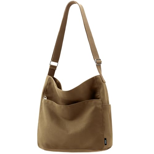 KALIDI Canvas Tote Bag Large Hobo Crossbody Shoulder Handbag Zipper Messenger Bag for Women or Men Casual College Work - color: Abrown