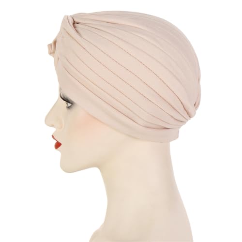 Flower Turban Hats for Women - Ruffle Bead Stretch Solid Caps Chemo Cancer Pre Tied Headscarf Headwear - color: Beige