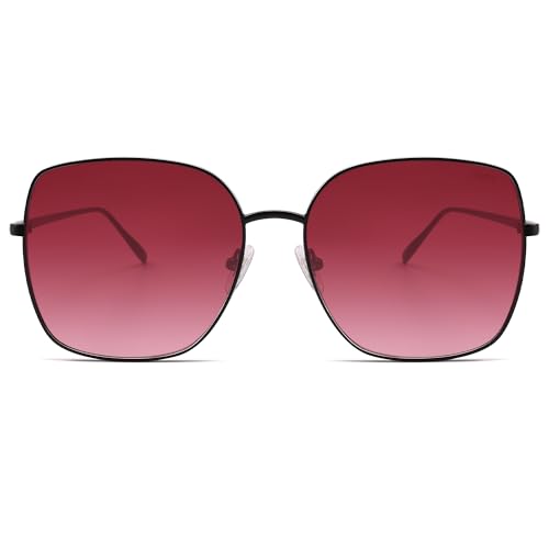 SOJOS Trendy Oversized Square Metal Frame Sunglasses for Women Men Retro Big Flat Lens UV Protection Sunglasses SJ1146 - color: Matte Black/Gradient Burgundy