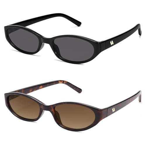 Retro Oval Sunglasses for Women Men Y2k Narrow Cat Eye Sunnies Skinny Shades AR82299 - color: 03. Black/Grey+tortoise/Tea Grading