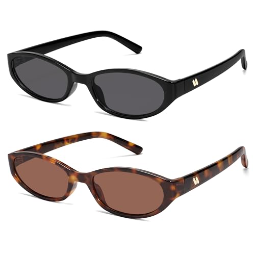 Retro Oval Sunglasses for Women Men Y2k Narrow Cat Eye Sunnies Skinny Shades AR82299 - color: B02 Black/Grey+tortoise/Brown