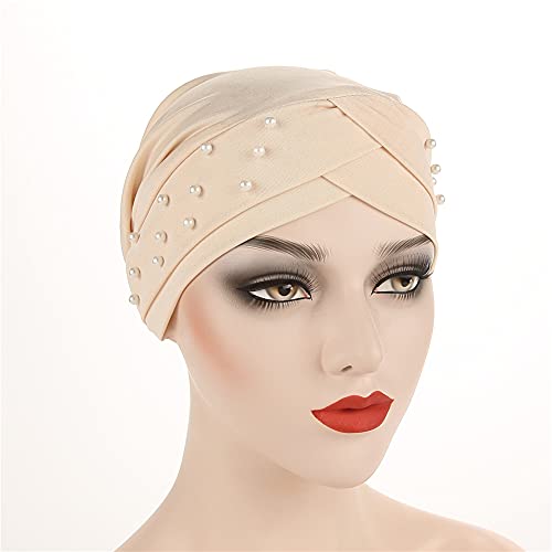Women Beaded Silky Beanie, Pre-Tied Turban Head Wrap Cap for Chemo Chemical Cancer Hair Loss Cover Hat - color: Beige