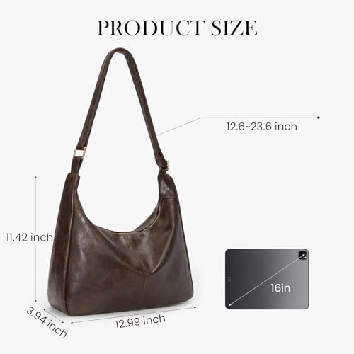 Brown Shoulder Bag for Women,Brown Leather Purse Slouchy Hobo Bags Everyday Purse Daily Commuting Bag with Zipper - color: Coffee