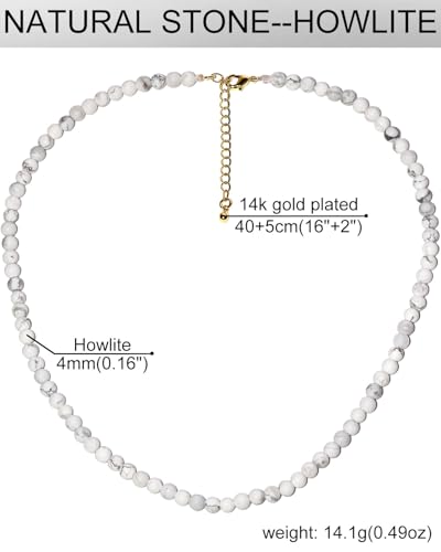 Simple Choker Necklace for Women Real Stone and Crystals Necklaces 4mm Beaded Choker Jewelry Meditation Gift for Women (16"+2") - style: Howlite