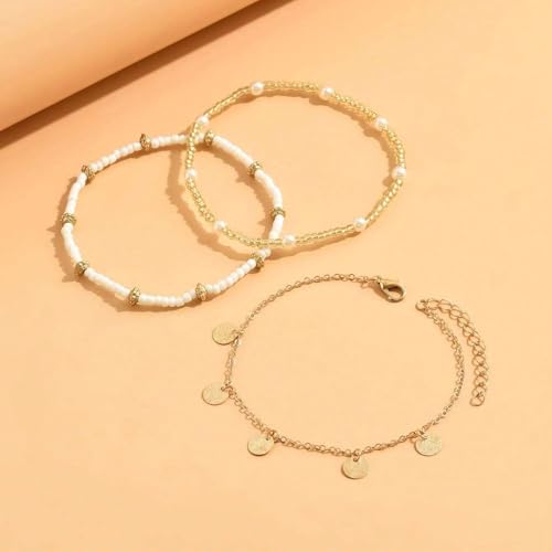 Qceasiy Shell Ankle Bracelet Set for Women, Gold Plated Boho Bead Adjustable Anklet, Hawaiian Beach Seashell Pearl Heart Starfish Conch Foot Jewelry Gifts - color: Disc 3Pcs