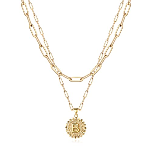 Yoosteel Layered Initial Necklaces for Women Trendy - 14K Gold-Plated Dainty Layering Paperclip Chain Coin Initial Necklace Jewelry Gifts for Women Mom Wife Teen Girls - color: Gold, style: B