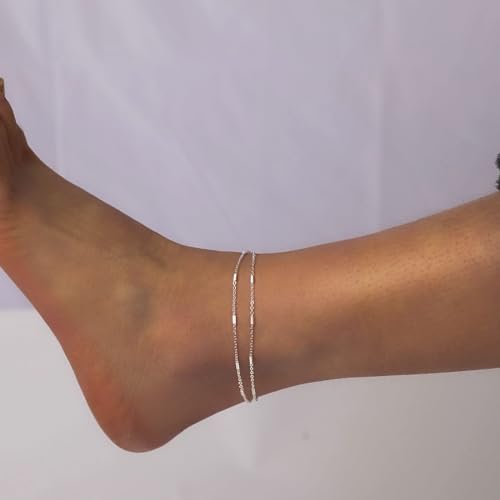 MIDEEO Gold/Silver Ankle Bracelets for Women,14K Gold Anklets for Women Waterproof Cuban Link Heart Beads Herringbone Rhinestone Anklets Set Layered Anklet Bracelets for Women Gold Jewelry Gift - style: 2 Layers Anklet D-SL
