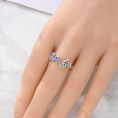 PARCOM Adjustable Women Stackable Ring, 925 Sterling Silver Open Rings - Trendy Eternity Cubic Zirconia Stackable Band Engagement Promise Ring for Her, Hypoallergenic Non Tarnish Nature Bird Floral Thumb Rings - color: Flower & Bow