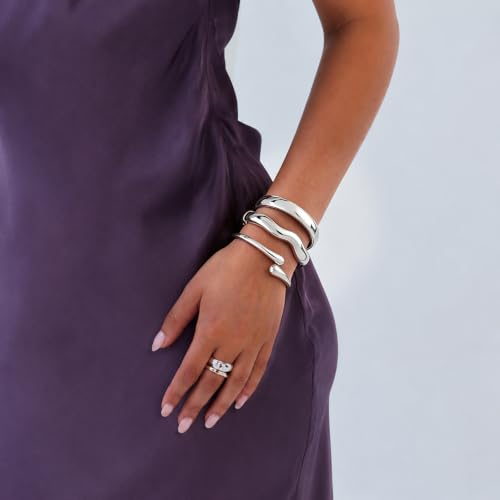 Chunky Gold Bangle Bracelets for Women Trendy 14K Gold Plated Cuff Bracelets Stack, Dainty Gold Bracelet Sets Non Tarnish Fashion Jewelry Gift - style: Silver-3pc-007