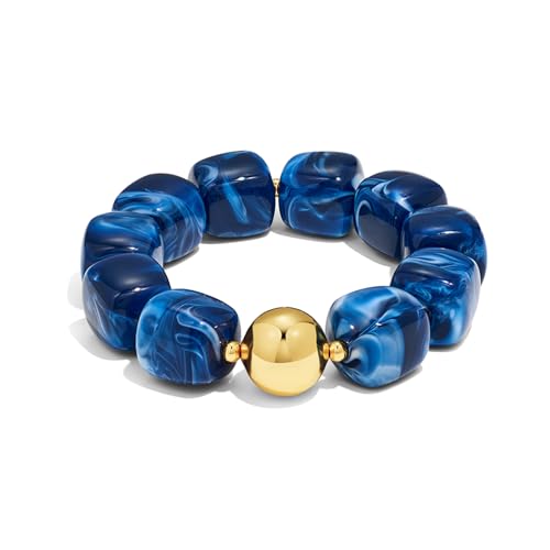 Multicolor Chunky Beaded Bracelet for Women Bold Acrylic Resin Stretch Bracelet Summer Beach Statement Bracelets Trendy Elastic Bangle Jewelry - color: Bead bracelet-dark blue