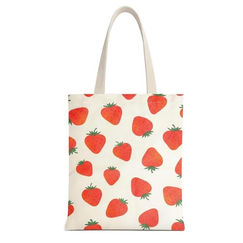 1-PACK Cute Strawberry Print Canvas Tote Bag, Reusable Grocery Bag with Magnetic Snap Closure & Inner Zipper Pocket, Aesthetic Gift for Women - color: A1-strawberry 1 Pack