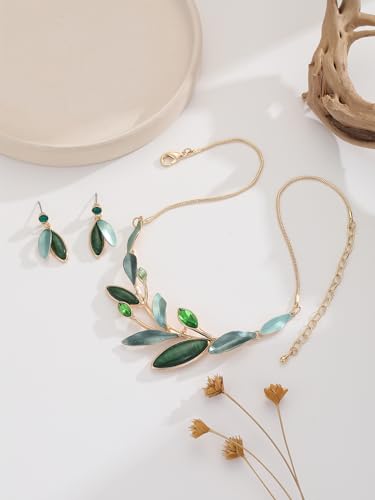 Vintage Chunky Statement Jewelry Set Retro Leaf Floral Geometric Bohemian Boho Bib Necklace Earring Set Fashion Costume Jewelry for Women Girls Wedding Party Prom Unique Gift - style: branch leaf-green gold