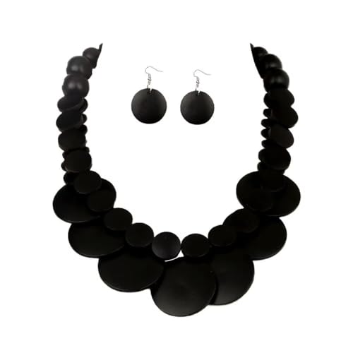 Zian Colorful Wooden Round Beaded Necklace Earrings Jewelry Set for Women Multicolor African Wood Beads Geometric Ethnic Choker Bohemian Statement Accessories - color: Black