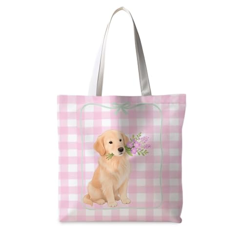 Preppy Animal Tote Bag, Pet Canvas Tote Bag, Reusable Grocery Shopping Shoulder Bags - color: Golden Retriever Stripes