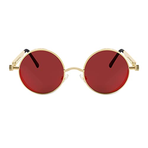 FEISEDY Retro Gothic Steampunk Sunglasses Round Metal Frame Punk Circle Inspired Shade Men B1857 - color: Gold/Red Mirrored