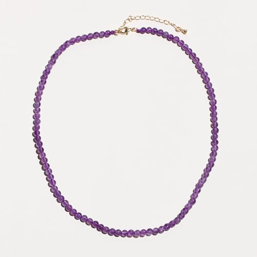 Simple Choker Necklace for Women Real Stone and Crystals Necklaces 4mm Beaded Choker Jewelry Meditation Gift for Women (16"+2") - style: Amethyst