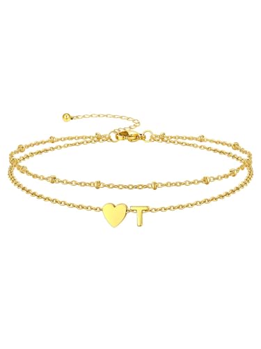 Silvora Ankle Bracelets for Women Waterproof 14K Gold/Silver/Black Initial Anklet for Women Dainty Layered Heart Ankle Bracelets Stainless Steel Adjustable Foot Chain Anklet Summer Beach Jewelry - color: Gold-14K Gold Plated, size: 20.T