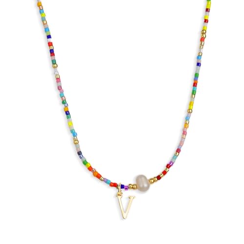 Colorful Pearl Beaded Initial Choker Necklaces for Women, Boho Handmade Personalized Seed Beads Letter Name Necklace Beach Surfer Bohemian Jewelry Gift - color: V