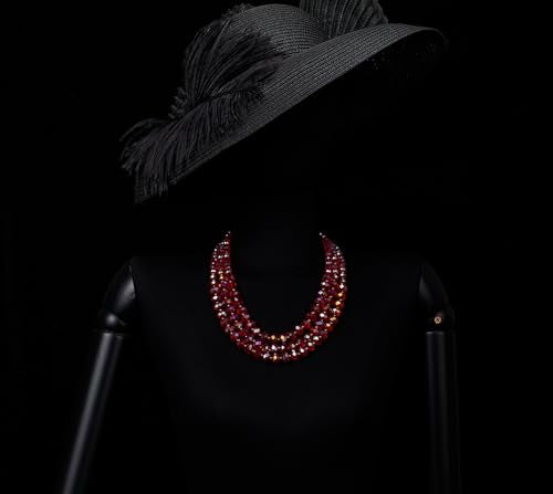 COOLSTEELANDBEYOND Crystal Beads Statement Necklace, Three-strand Layered Necklace, Waterfall - color: B-Color: Red & Gold