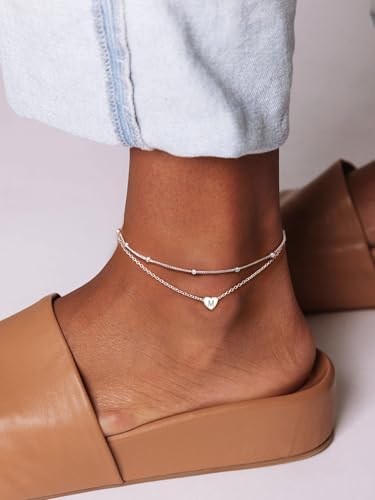 ChicSilver Sterling Silver Anklets for Women 925 Ankle Bracelets for Women Layered Heart Anklet With Beaded Anklets for Women - style: 26.Z