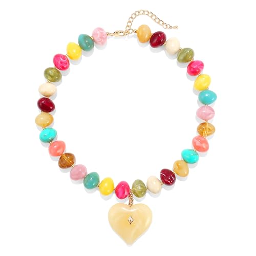 Elegance 11 designs Chunky Heart Necklace for Women, Colorful Acrylic Beaded Statement Puff Heart Necklace, Cute Boho Y2K Choker Necklace for Gift Jewelry - color: Yellow Heart Pendant Necklace