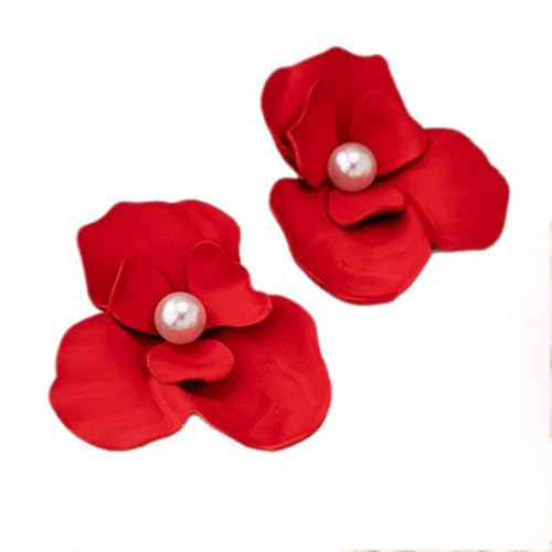 Chunky Large Gold Flower Stud Earring for Women Statement, Boho Big Red Irregular Floral Pearl Earrings Trendy Y2K Prom Party Jewelry Accessories Gift - color: Red
