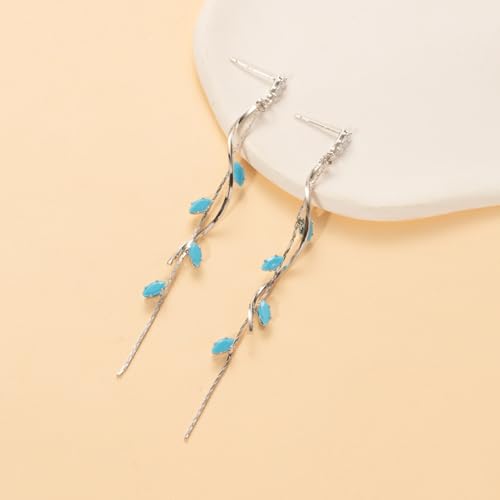 Temperament Long Zircon Tassel Earrings for Women Charm Jewelry Sparkling Crystal Leaves Twist Dangle Earrings for Friends - color: Silver-Bule Leaves