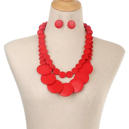 Zian Colorful Wooden Round Beaded Necklace Earrings Jewelry Set for Women Multicolor African Wood Beads Geometric Ethnic Choker Bohemian Statement Accessories - color: Red