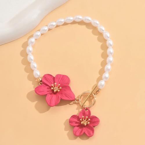Flower Anklets for Women Trendy Flower Ankle Bracelet Boho Floral Anklet Summer Beach Anklets Jewelry for Women - color: Pearl Chain Pink
