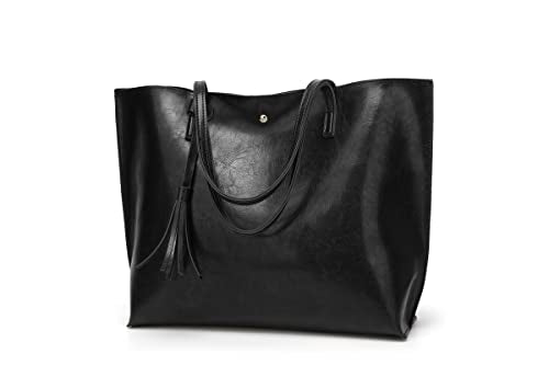 Dreubea Women's Soft Faux Leather Tote Shoulder Bag from, Big Capacity Tassel Handbag - color: Black New Style