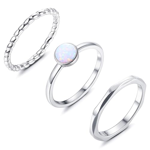 MILACOLATO 3Pcs 925 Sterling Silver Rings for Women Men 18K White Gold Plated Thumb Pinky Knuckle Stackable Rings High Polished Hammered Twisted Opal Band Rings Set Comfort Fit Size 5 to 9
