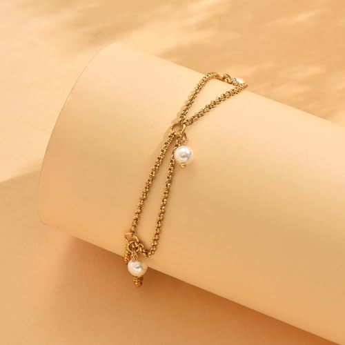 Gold Ankle Bracelets for Women 18K Gold Plated Waterproof Starfish Sea Shell Pearls CZ Diamond Dangle Anklets Trendy Summer Beach Foot Chain Jewelry Gift - style: 4 Pearls Drop-Gold