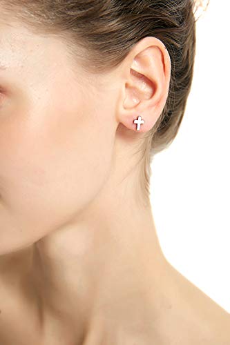 REVEMCN 925 Sterling Silver and Stainless Steel Cross Stud Earrings for Women Men, 3 Pairs - color: White Stud Earrings