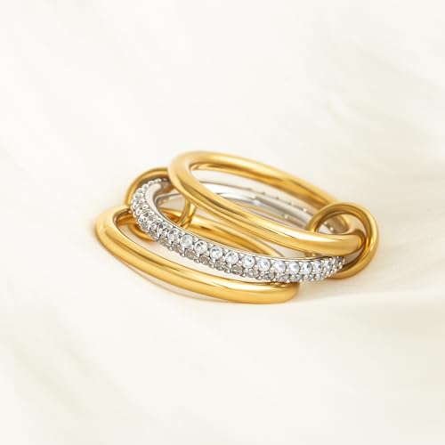 BKC Gold Stackable Rings for Women, 14k Gold Plated Chunky Statement Cubic Zirconia Rings, Silver Gold Multi Ring Interlocking Mixed Metals Stack Rings Set Non Tarnish - color: Modernist set, size: 5