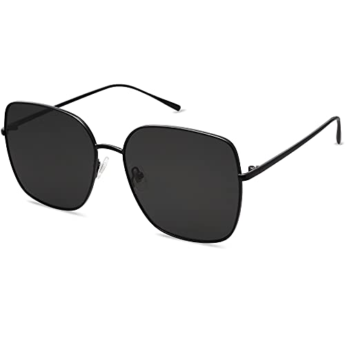 SOJOS Trendy Oversized Square Metal Frame Sunglasses for Women Men Retro Big Flat Lens UV Protection Sunglasses SJ1146 - color: Black/Grey