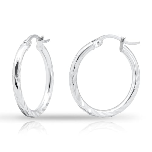 Hoops & Loops 925 Sterling Silver Diamond-Cut Hoop Earrings for Women, 2mm Textured Lightweight Click Top Hoops, 15mm 20mm 25mm 30mm, Silver 14k Yellow Gold & Rose Gold Flash Plated - color: Silver - 20mm (0.78'')