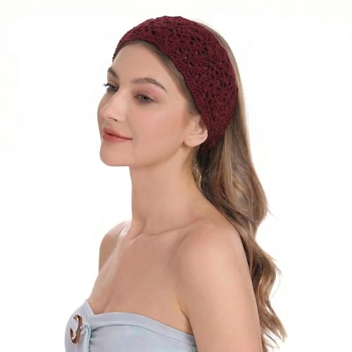 ZLYC Women Floral Headband Handmade Crochet Knit Vintage Hair Bands (Plain Burgundy) - color: Plain Burgundy