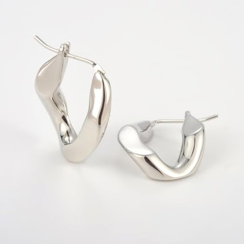 RENAIZ Bold Statement Hoop & Stud Earrings for Women – 14K Gold & Rhodium Plated Maximalist Jewelry, Chunky Geometric Boho Earrings, Hypoallergenic Non-Tarnish Trendy Gift - color: White Gold, style: Twisted Overlap