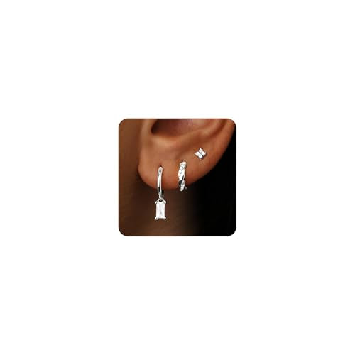 Poxtex Small Sterling Silver Huggie Hoop Earrings Set for Women, Hypoallergenic 14K Gold Plated Hoops Stacks for Multiple Piercings, Dainty Cute Mini Lightweight Cartilage Studs Trendy Jewelry Gift - color: Silver-dangle hoop