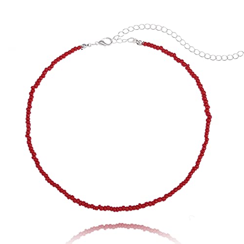Tgirls Boho Choker Necklace Chain Rice Beaded Necklaces Seed Bead Necklace Accessory for Women - color: Red-2